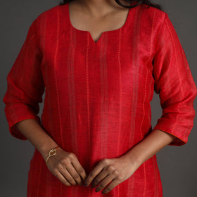 Buy Red Elegant Linen Silk Handloom Plain Kurta Set