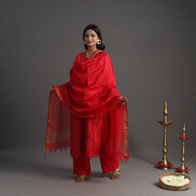 Buy Red Elegant Linen Silk Handloom Plain Kurta Set