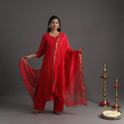 Buy Red Elegant Linen Silk Handloom Plain Kurta Set