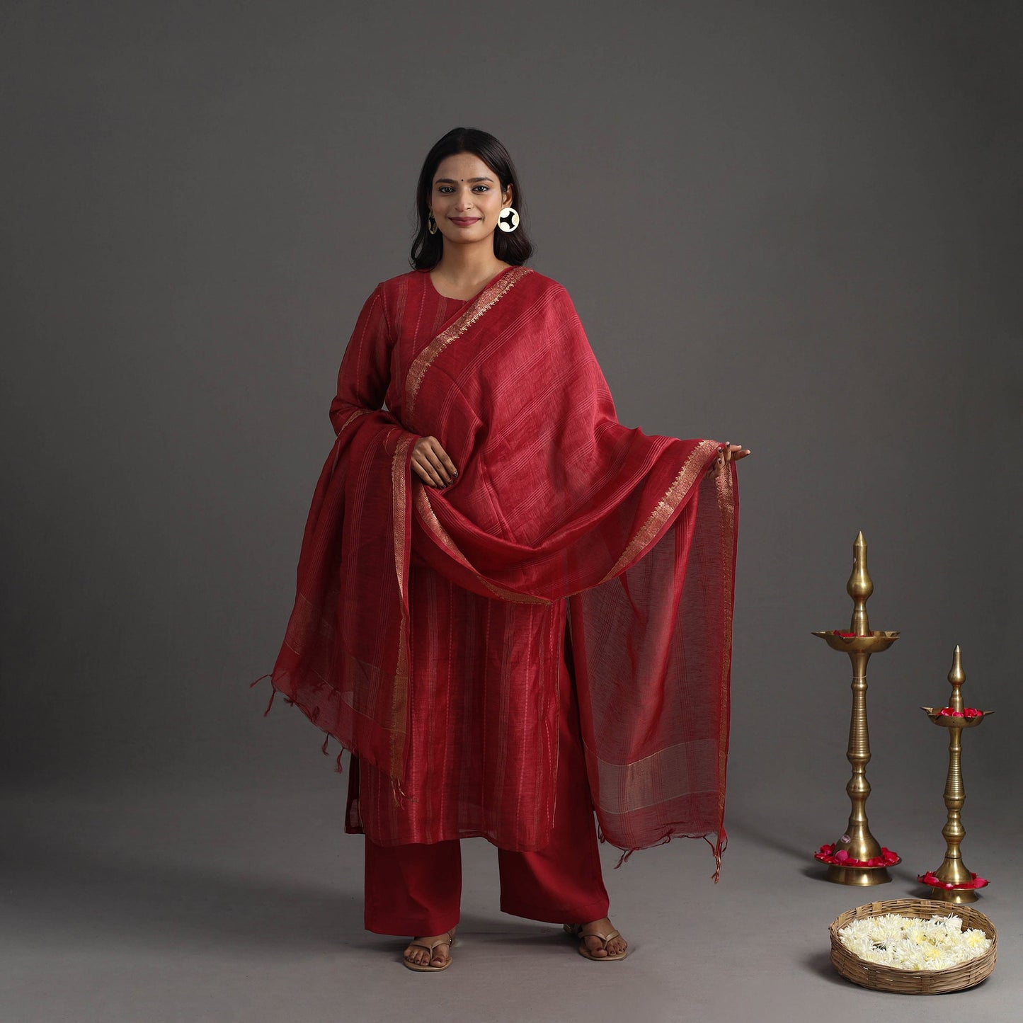 Red - elegant linen silk handloom plain kurta set 08