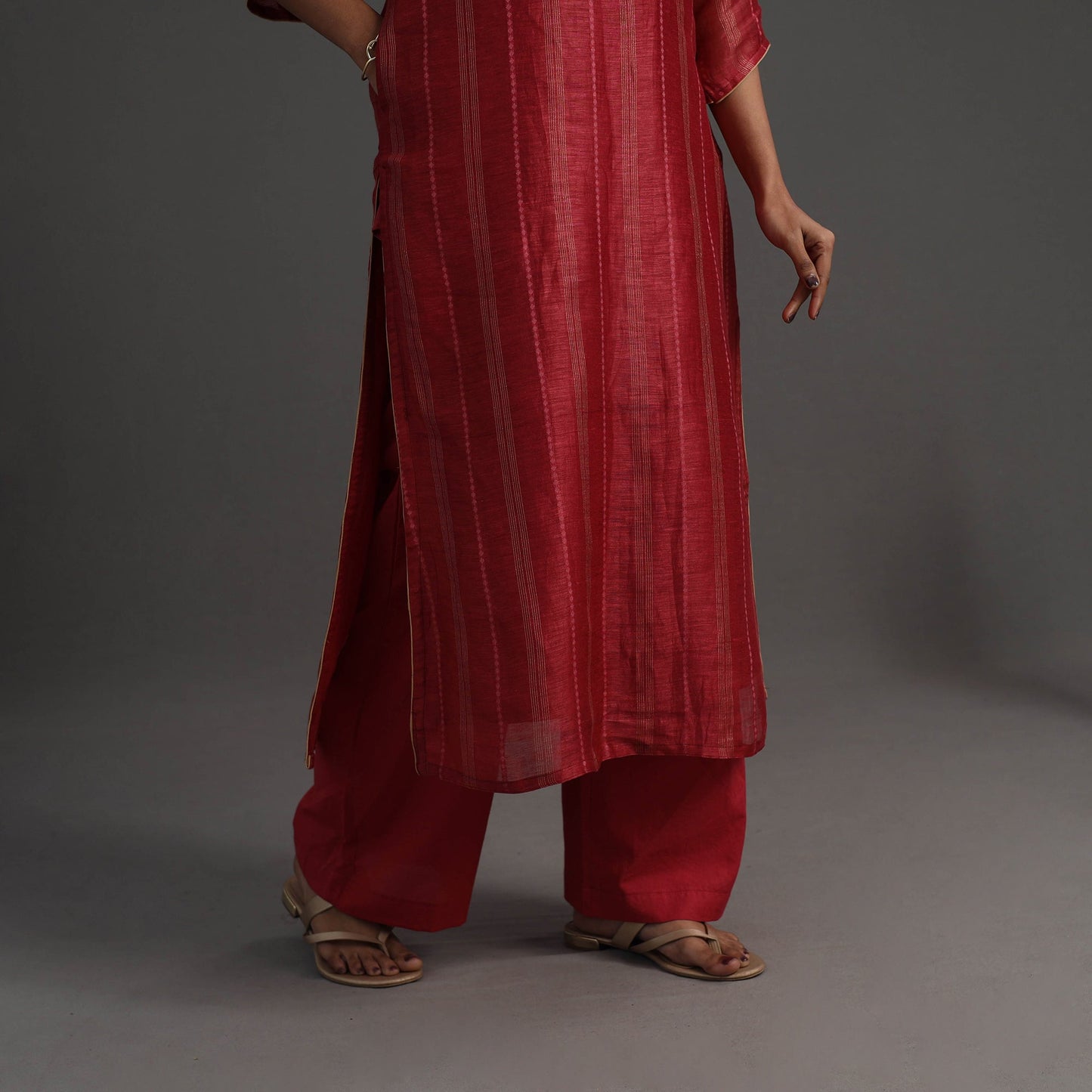 Red - elegant linen silk handloom plain kurta set 08