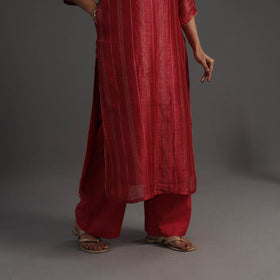 Red - elegant linen silk handloom plain kurta set 08
