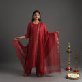 Red - elegant linen silk handloom plain kurta set 08