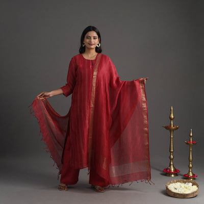 Red - elegant linen silk handloom plain kurta set 08