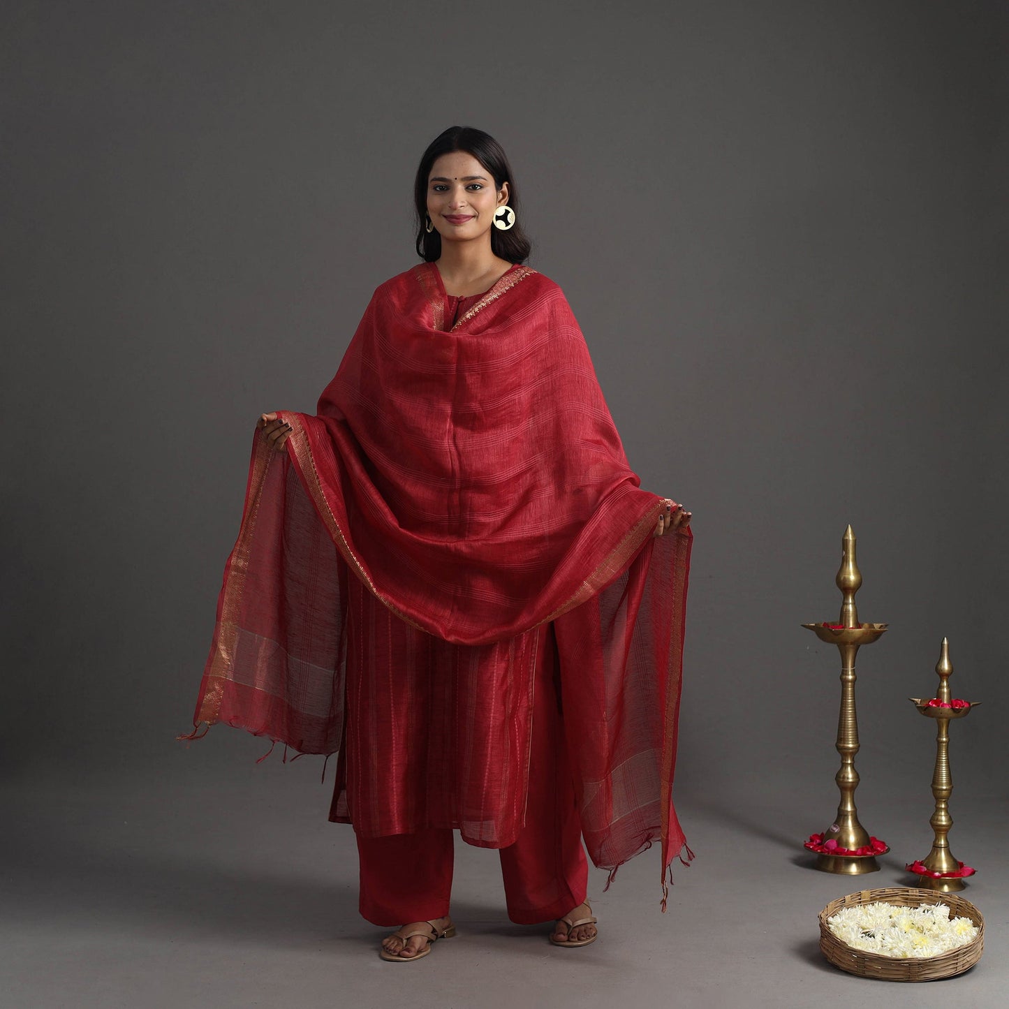 Red - elegant linen silk handloom plain kurta set 08