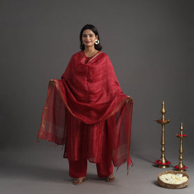 Red - elegant linen silk handloom plain kurta set 08