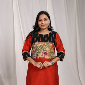 Maroon Eshika Slub Silk Straight Plain Kurta with Patchwork for Women