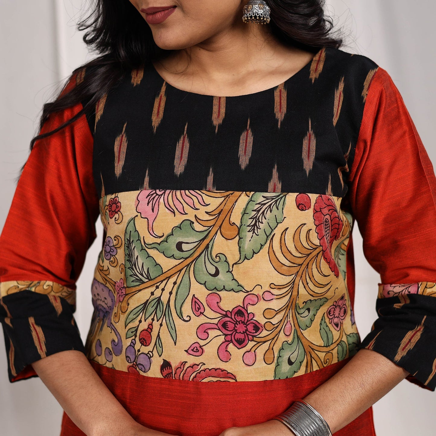 Maroon Eshika Slub Silk Straight Plain Kurta with Patchwork for Women