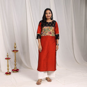 Maroon Eshika Slub Silk Straight Plain Kurta with Patchwork for Women