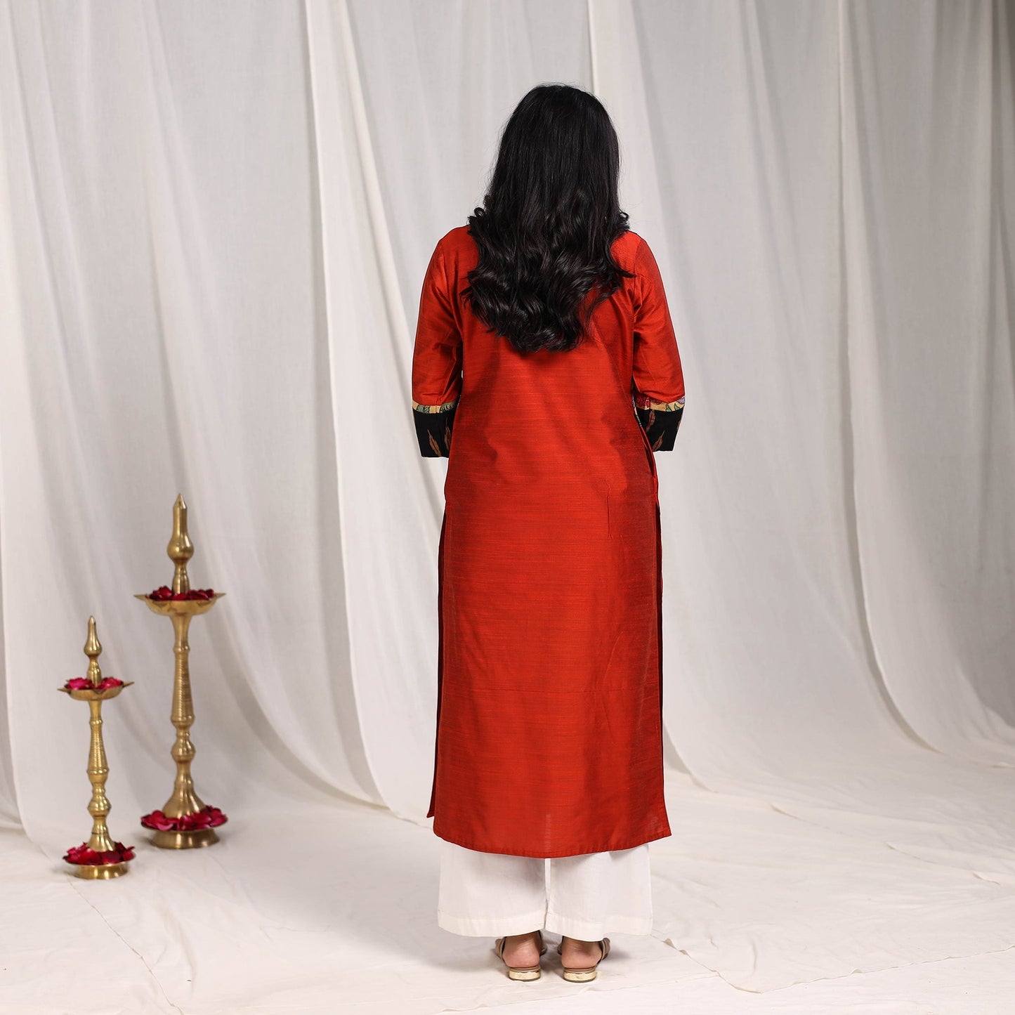 Maroon Eshika Slub Silk Straight Plain Kurta with Patchwork for Women