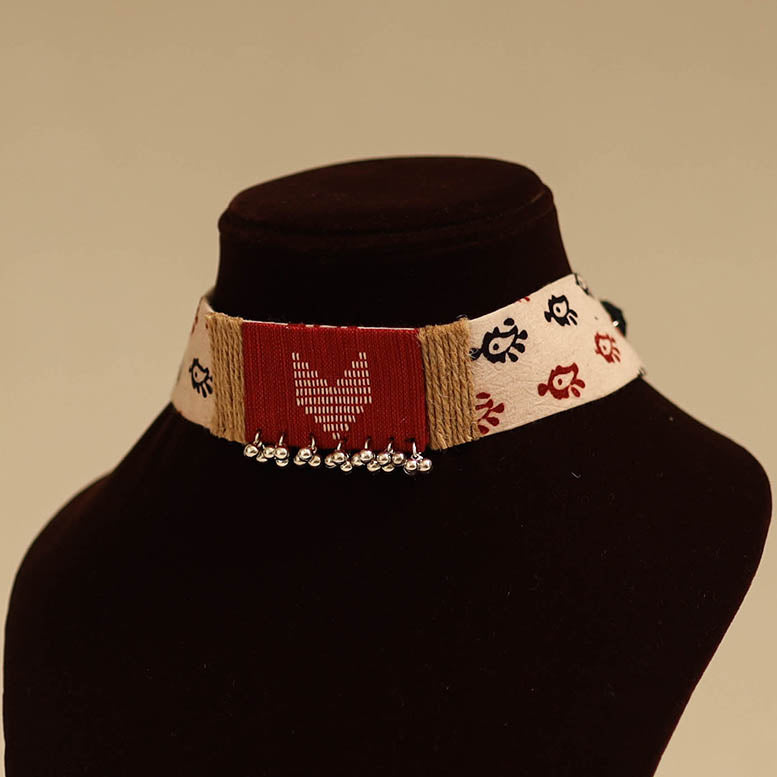 Red - fabart jute choker necklace set with ghungroo work 11