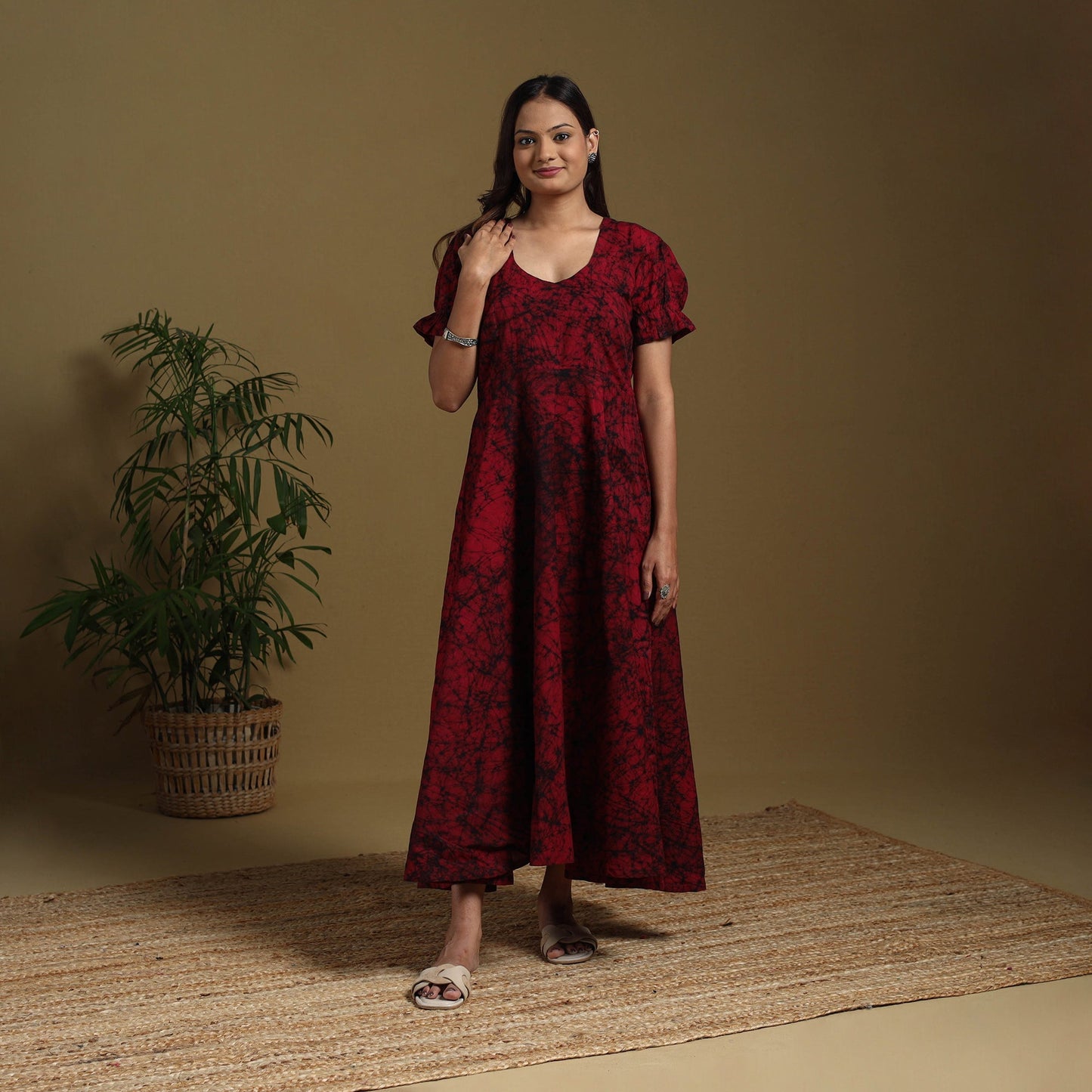 Red - flared cotton batik dress 10 - handcrafted