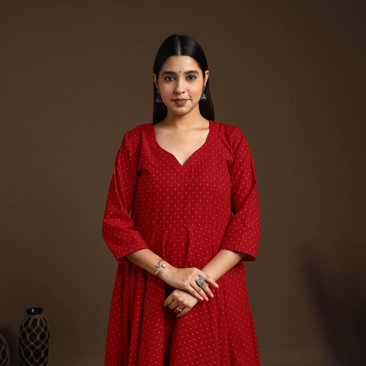 Buy Red Flared Cotton Jacquard Kurta with Palazzo Set