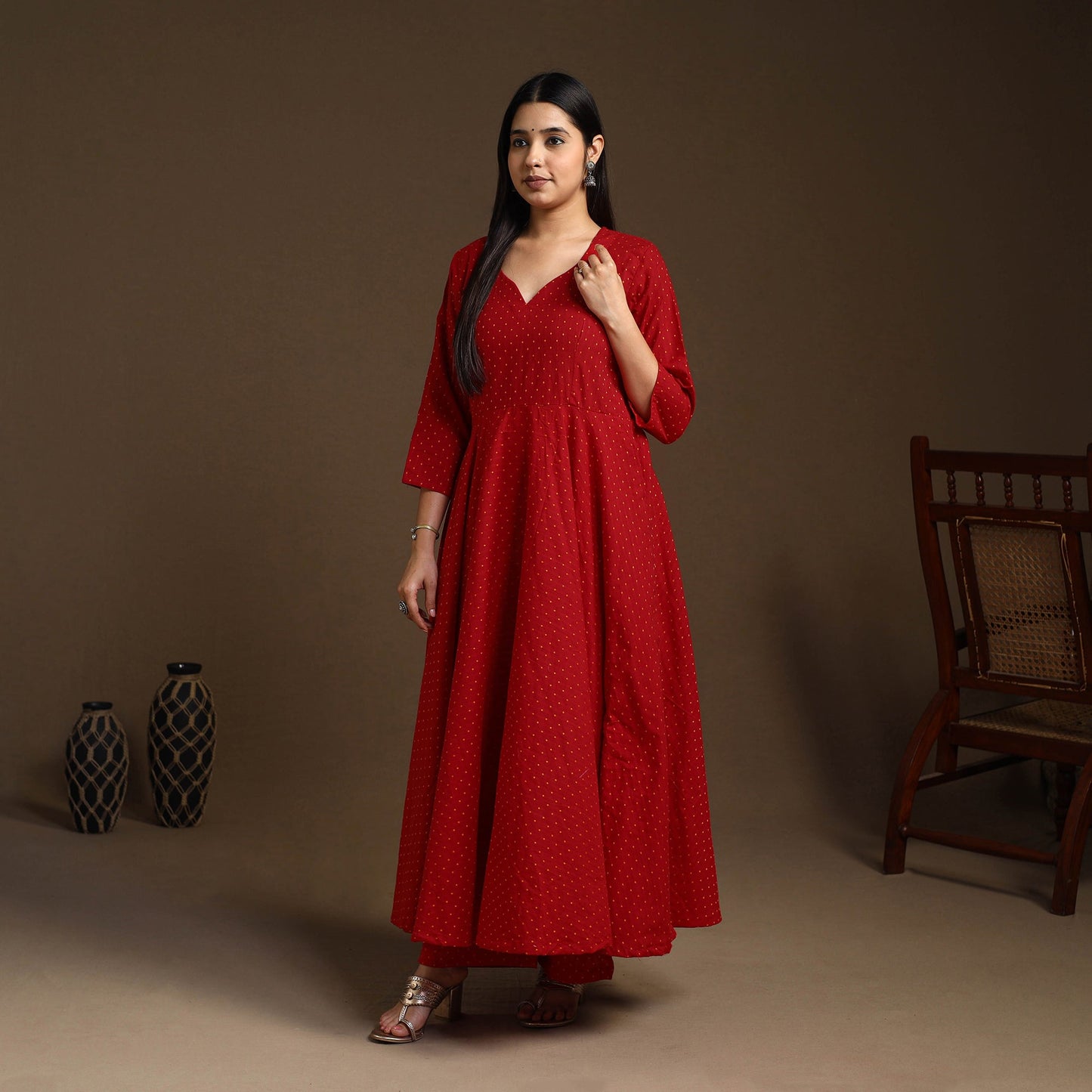 Buy Red Flared Cotton Jacquard Kurta with Palazzo Set