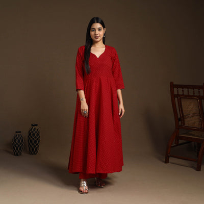 Buy Red Flared Cotton Jacquard Kurta with Palazzo Set