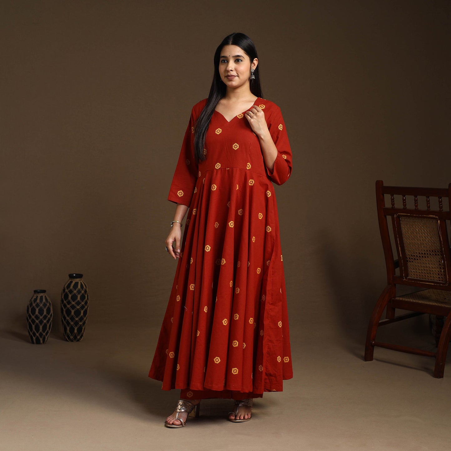  Red Flared Cotton Jacquard Kurta with Palazzo Set