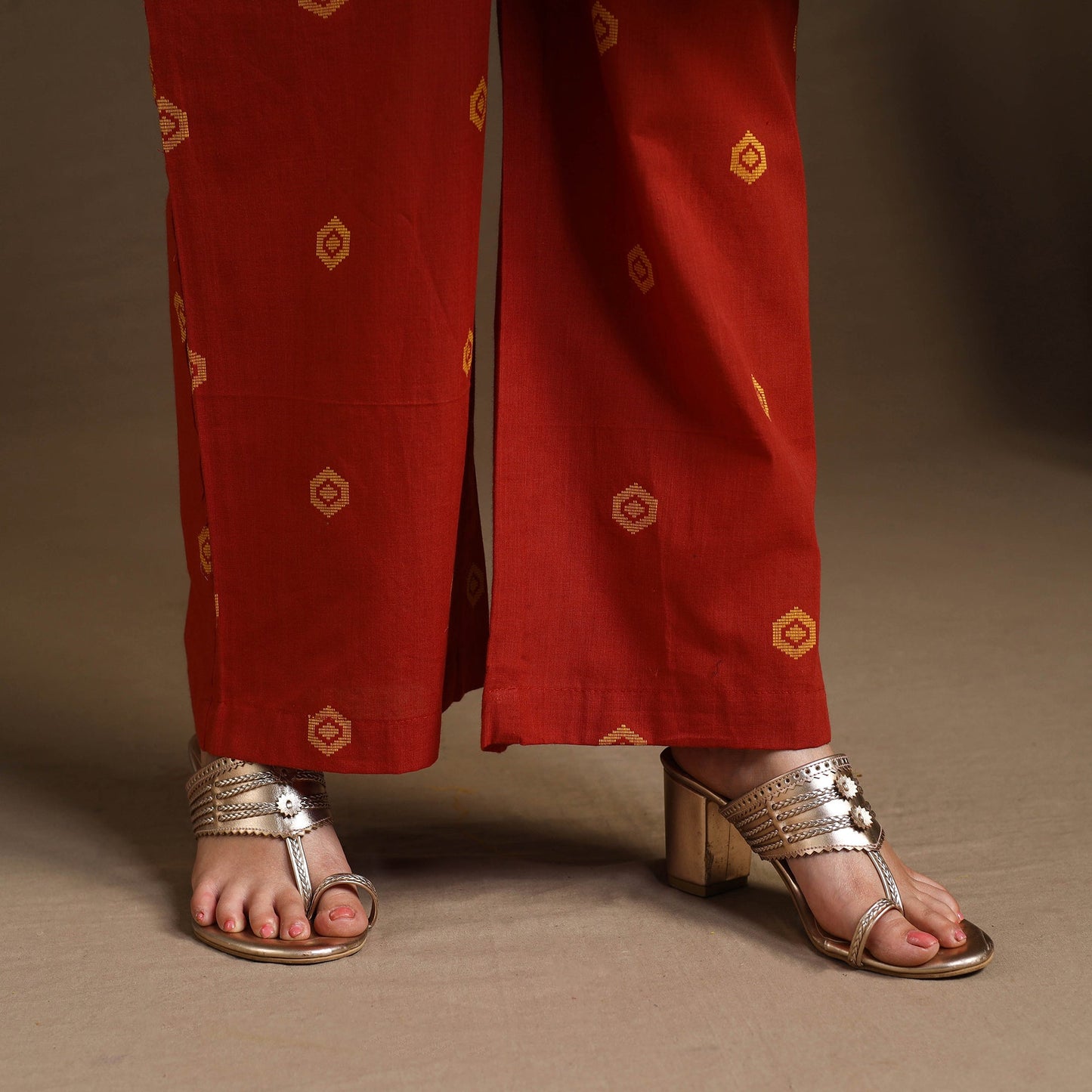  Red Flared Cotton Jacquard Kurta with Palazzo Set