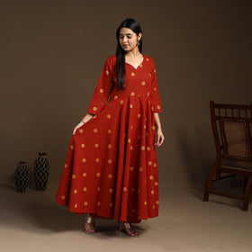  Red Flared Cotton Jacquard Kurta with Palazzo Set