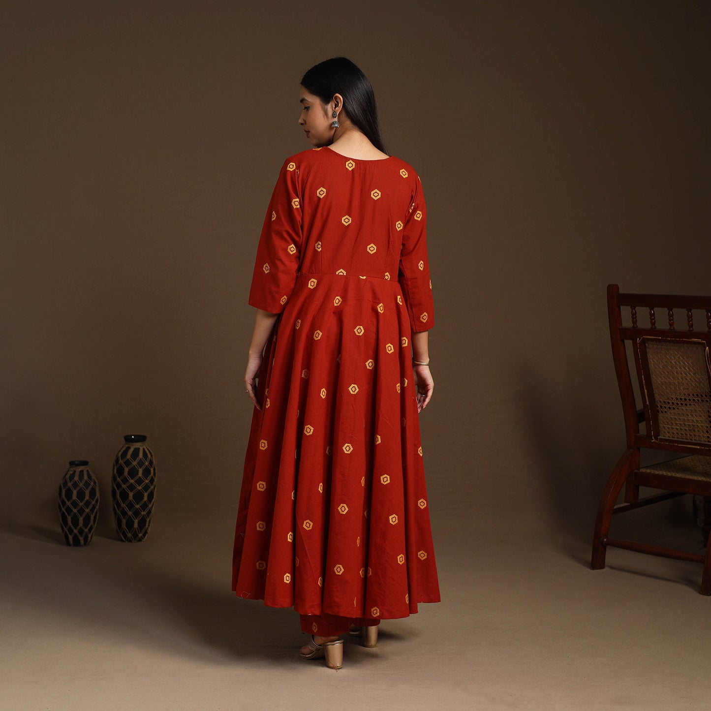  Red Flared Cotton Jacquard Kurta with Palazzo Set