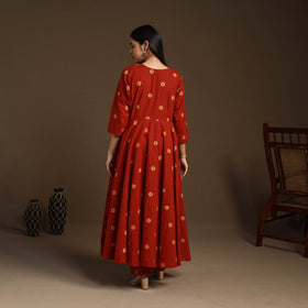 Red Flared Cotton Jacquard Kurta with Palazzo Set
