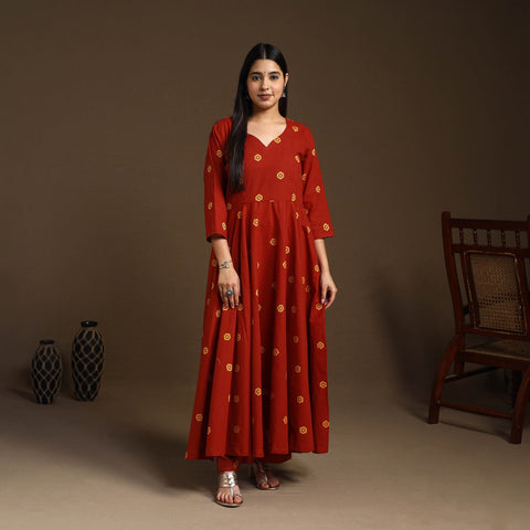  Red Flared Cotton Jacquard Kurta with Palazzo Set