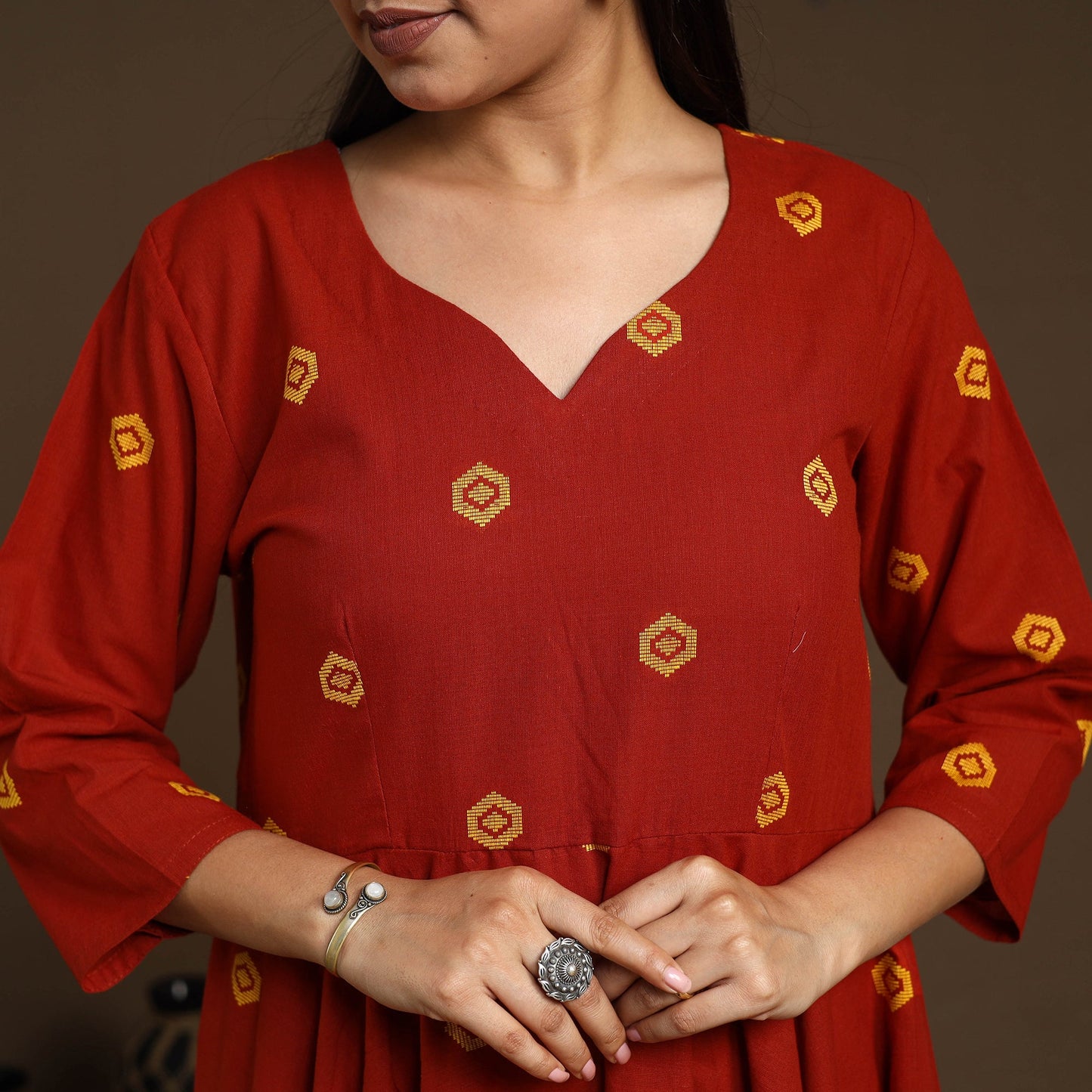  Red Flared Cotton Jacquard Kurta with Palazzo Set