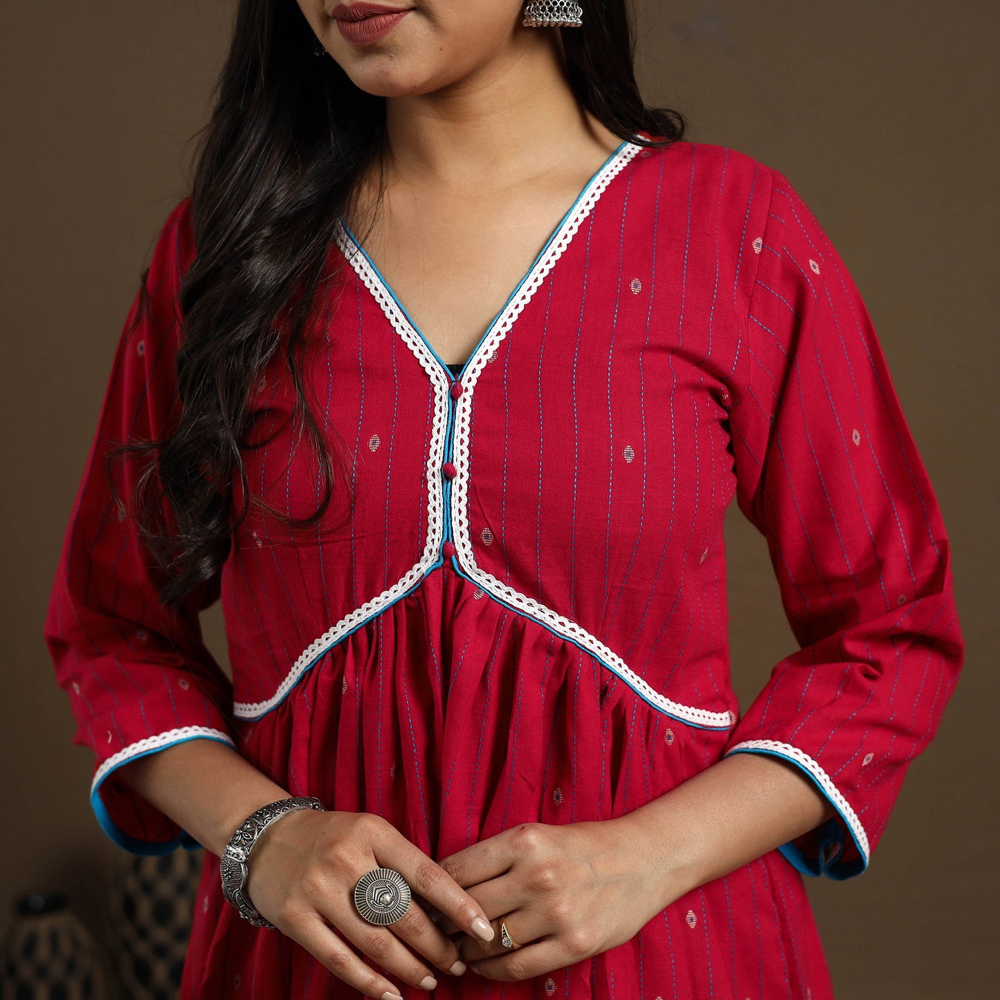 Buy Red Flared Cotton Lace Work Jacquard Kurta for Women