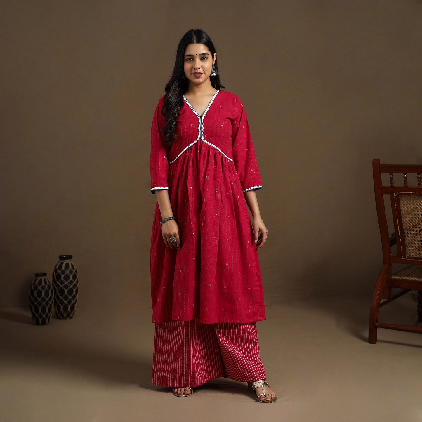 Buy Red Flared Cotton Lace Work Jacquard Kurta for Women