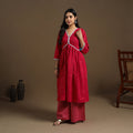 Buy Red Flared Cotton Lace Work Jacquard Kurta for Women