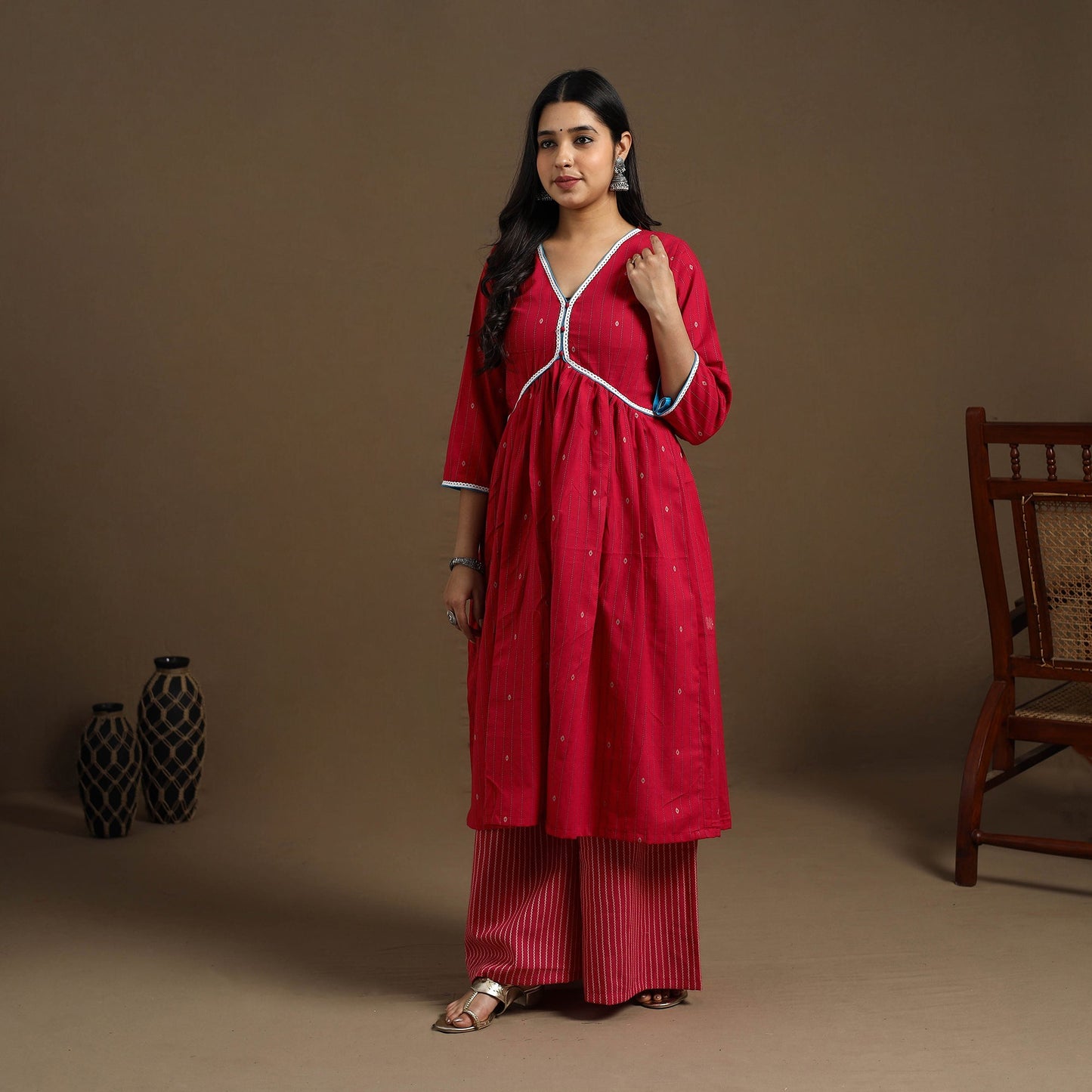 Buy Red Flared Cotton Lace Work Jacquard Kurta for Women