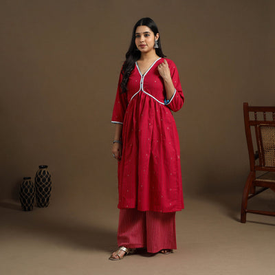 Buy Red Flared Cotton Lace Work Jacquard Kurta for Women