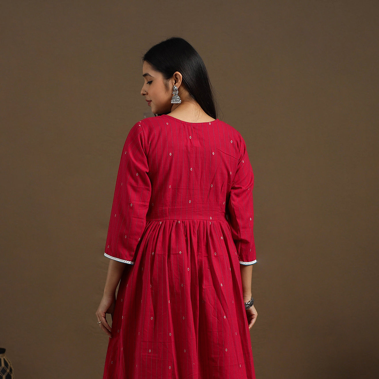 Buy Red Flared Cotton Lace Work Jacquard Kurta for Women