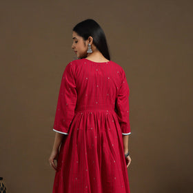 Buy Red Flared Cotton Lace Work Jacquard Kurta for Women