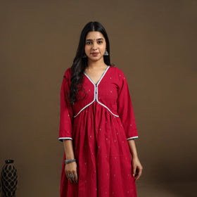 Buy Red Flared Cotton Lace Work Jacquard Kurta for Women