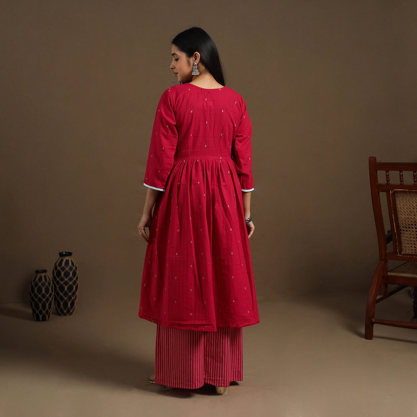 Flared Cotton Lace Work Red Jacquard Kurta with Palazzo Set