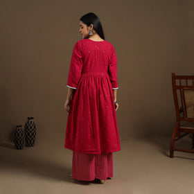 Flared Cotton Lace Work Red Jacquard Kurta with Palazzo Set