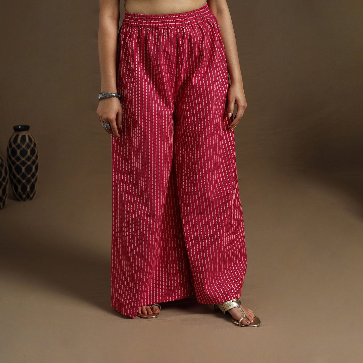 Flared Cotton Lace Work Red Jacquard Kurta with Palazzo Set