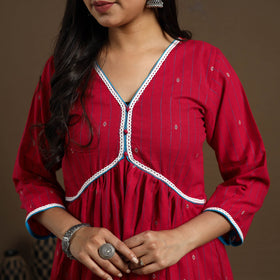 Flared Cotton Lace Work Red Jacquard Kurta with Palazzo Set