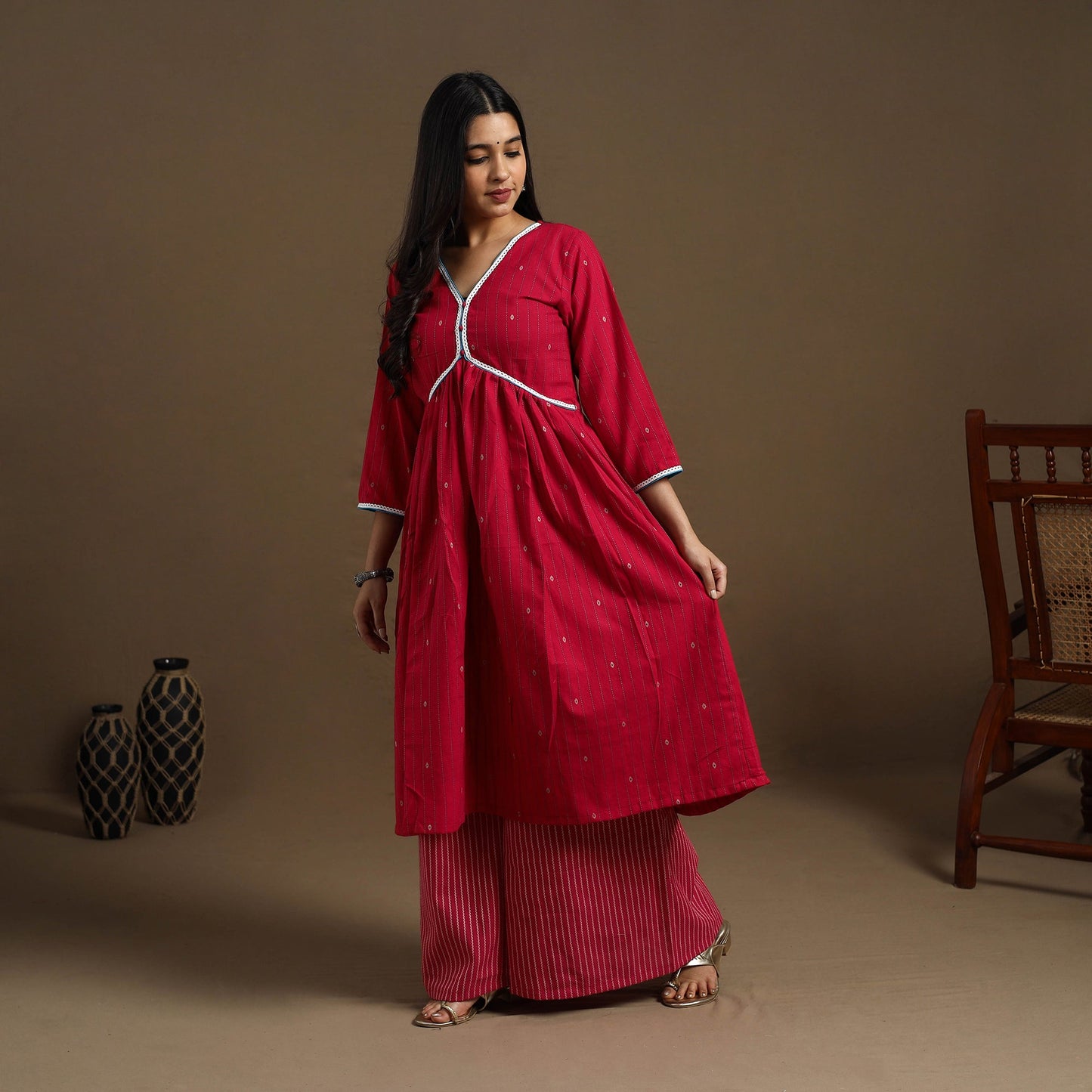 Flared Cotton Lace Work Red Jacquard Kurta with Palazzo Set