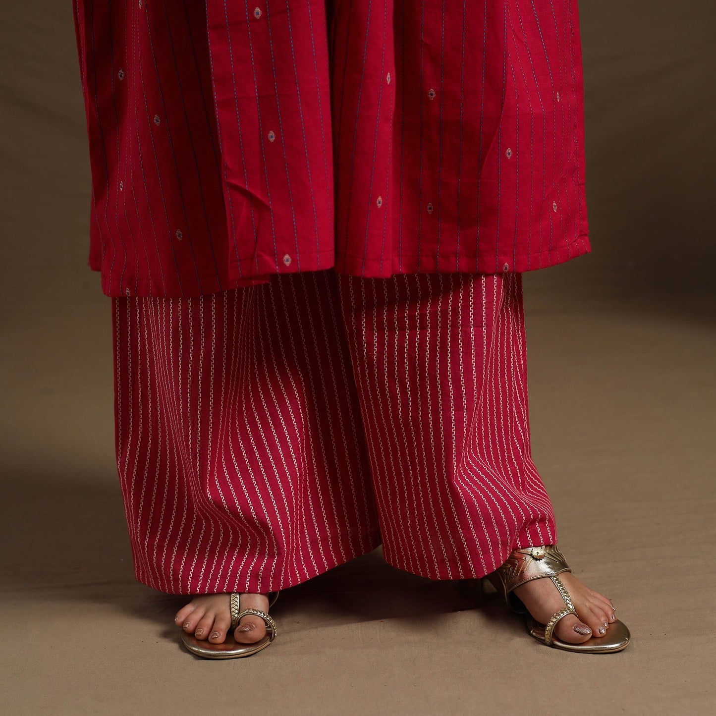 Flared Cotton Lace Work Red Jacquard Kurta with Palazzo Set