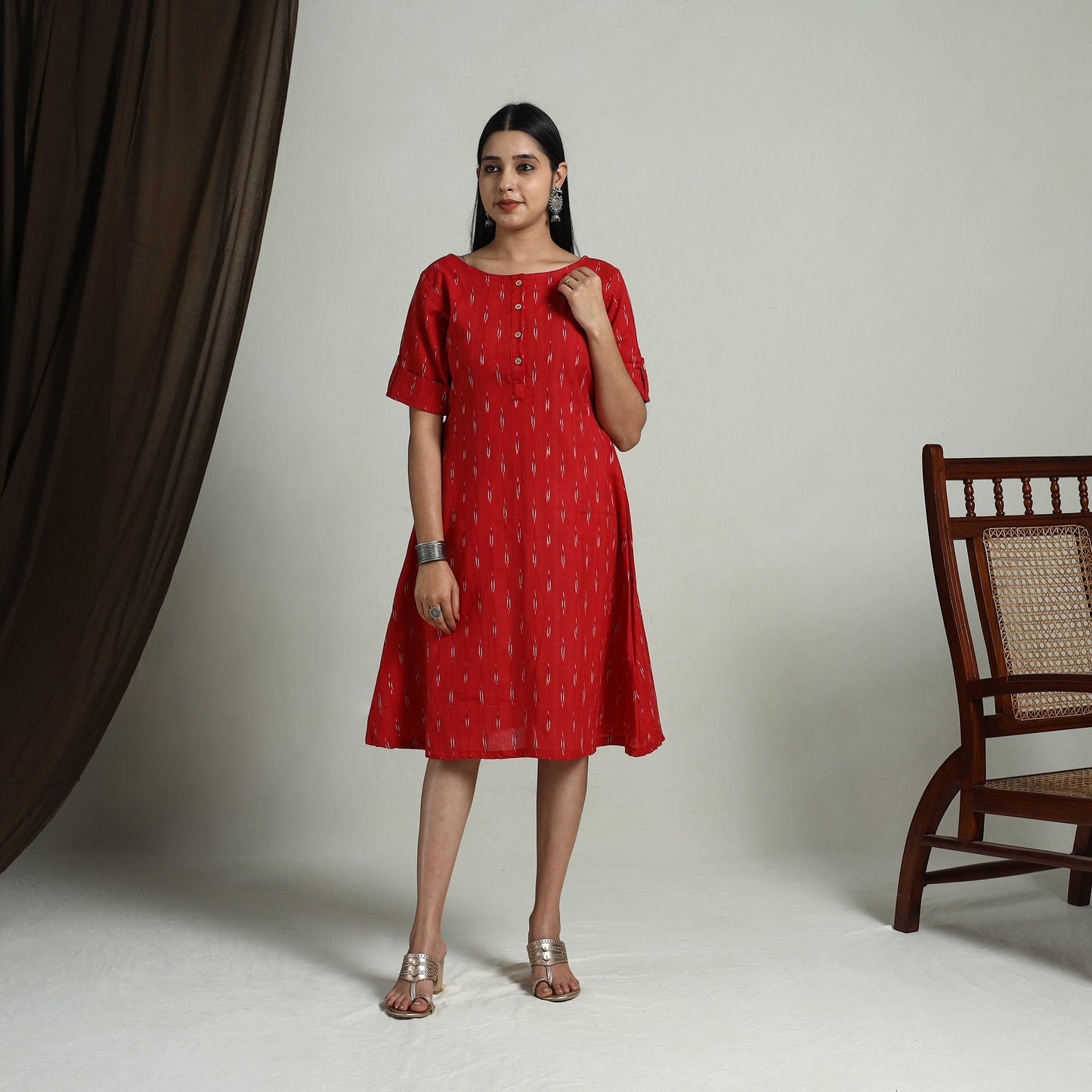  Red Flared Cotton Short Pochampally Ikat Dress