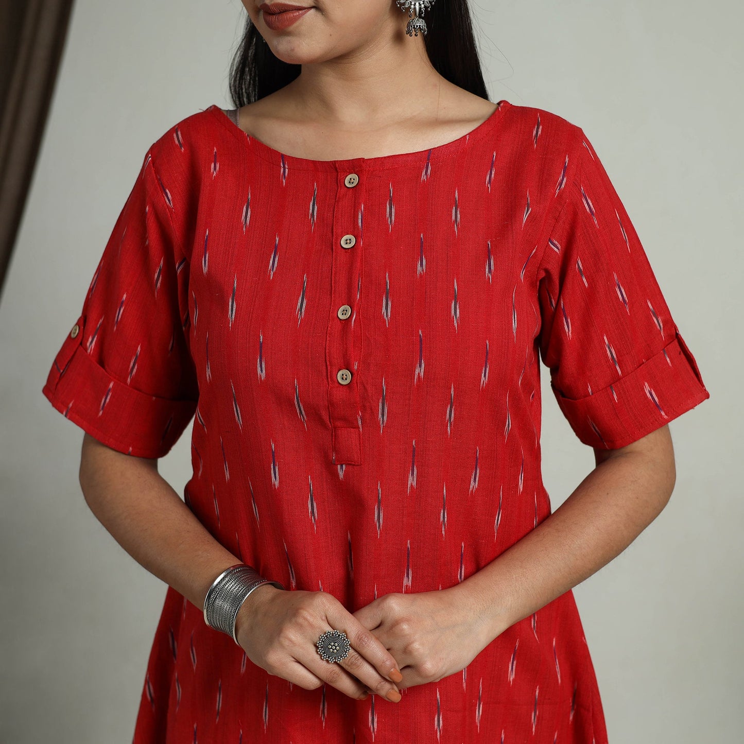  Red Flared Cotton Short Pochampally Ikat Dress