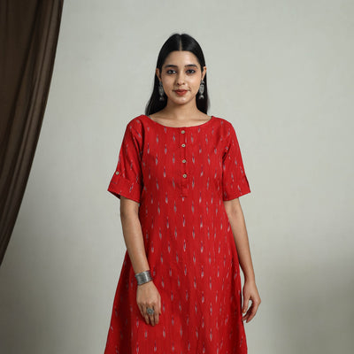  Red Flared Cotton Short Pochampally Ikat Dress