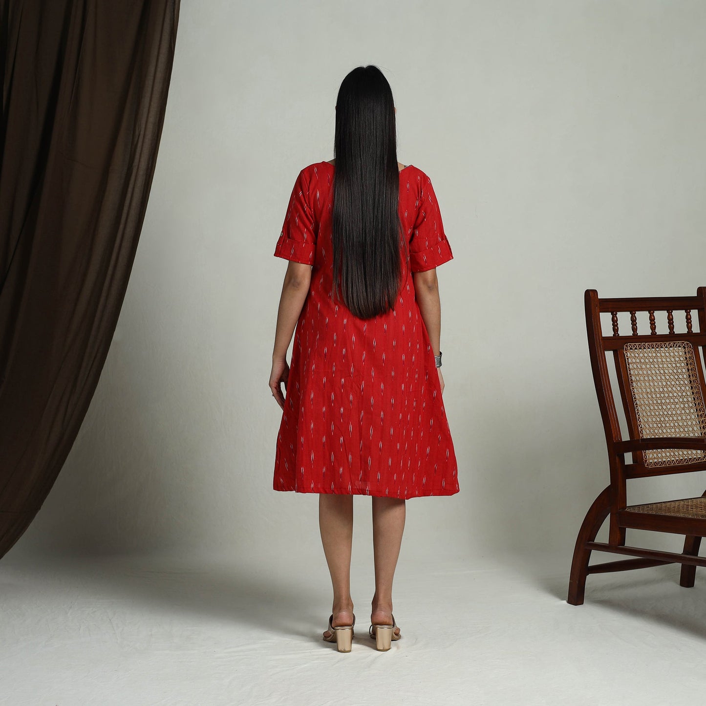  Red Flared Cotton Short Pochampally Ikat Dress