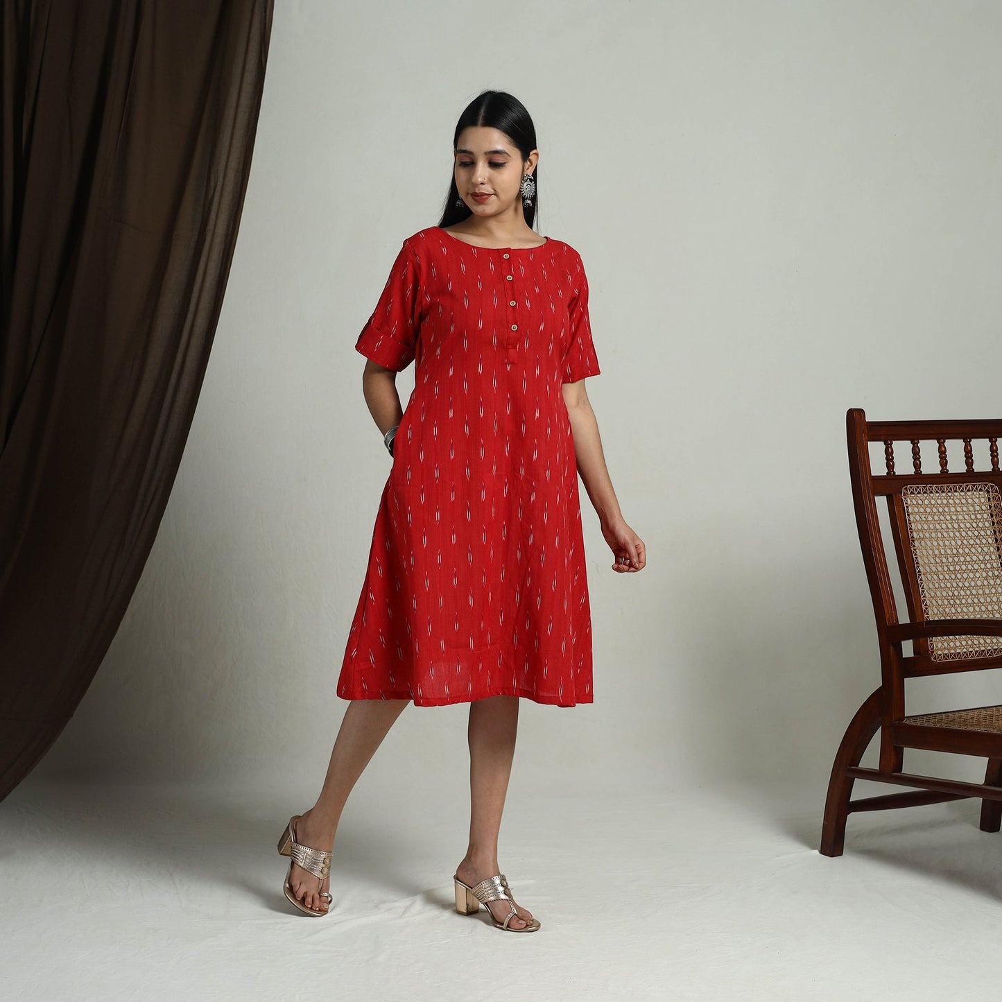  Red Flared Cotton Short Pochampally Ikat Dress