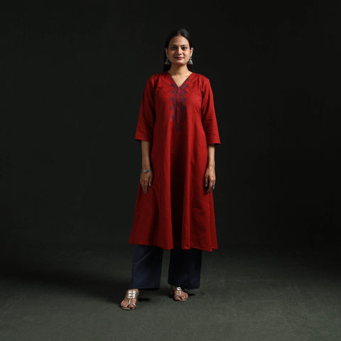 Flex cotton plain hand embroidered a-line kurta for women