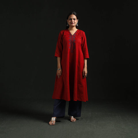 Red - flex cotton plain hand embroidered a-line kurta