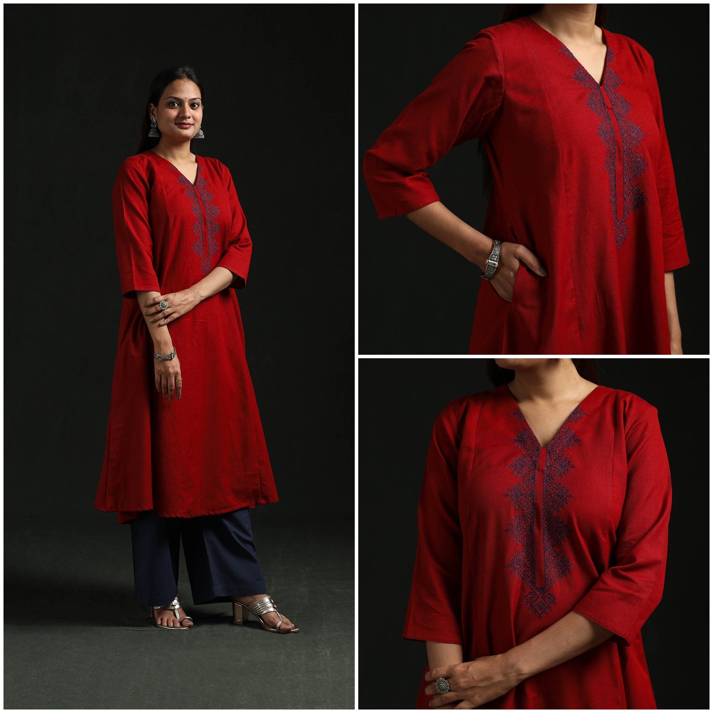 Red - flex cotton plain hand embroidered a-line kurta