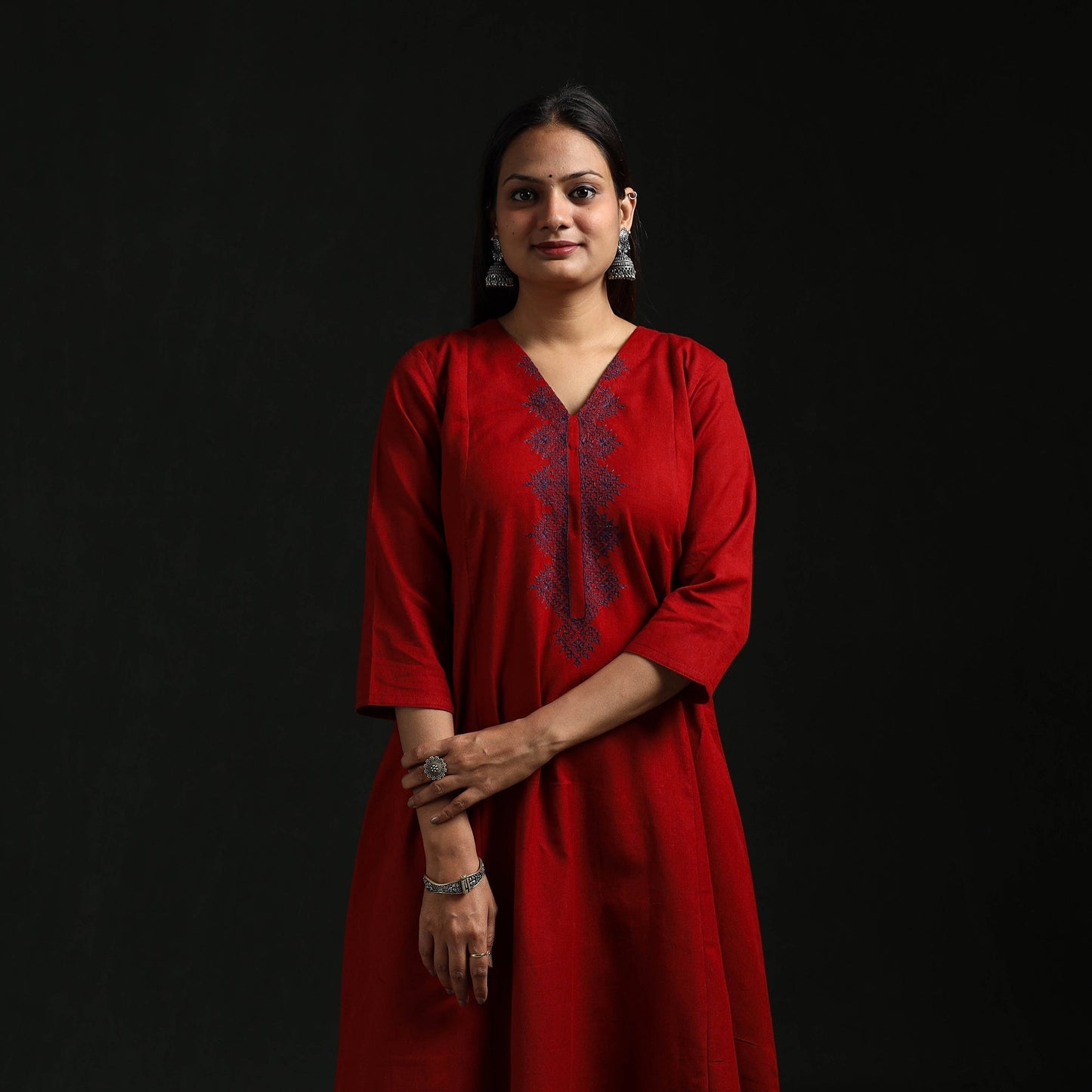 Red - flex cotton plain hand embroidered a-line kurta