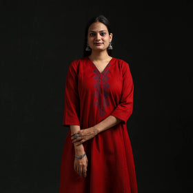 Red - flex cotton plain hand embroidered a-line kurta